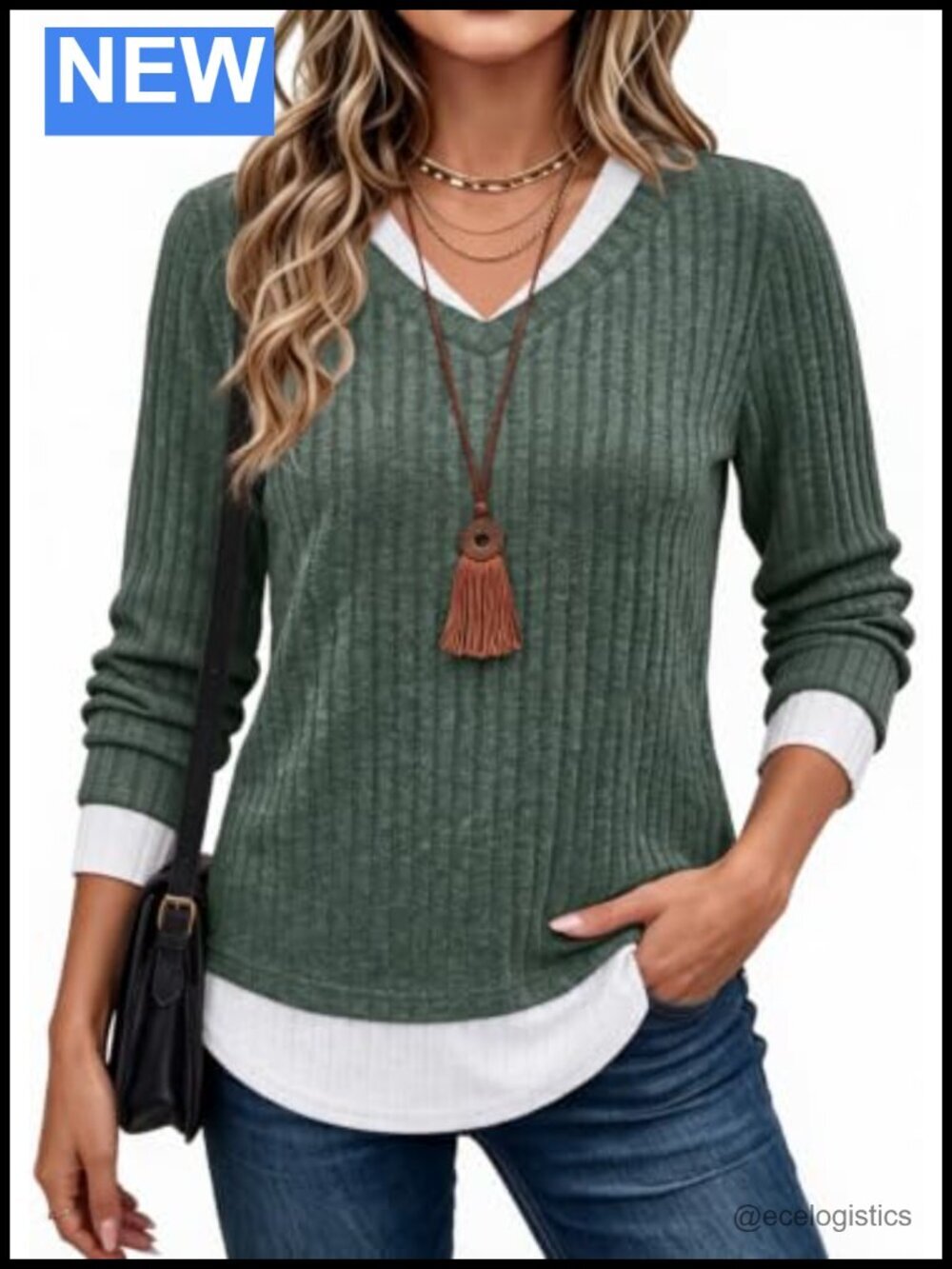 Womens Long Sleeve Tunic Sweater Lightweight 2-in-1 Layered Look V-Neck